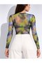 Women's Green and Black Batik Patterned Tulle Blouse with a Bicycle Neckline, Long Sleeves, and Snap Fasteners. - 5
