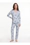 Women's Long-Sleeved Pajama Set, Floral Pattern, Blue - 5