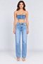 Women's Blue Denim Strapless Crop Bustier – Buttoned and Flap Pocket Jean Top