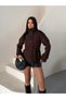 Arven high neck, belted, short, linered kaşe coat, black, brown. - 5