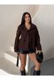 Arven high neck, belted, short, linered kaşe coat, black, brown. - 3