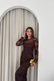 Women's Brown Floral Embroidered Backless Long-Sleeved Long Tulle Evening Dress. - 3