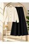 Women's modest detail knit blouse and suede skirt set, black. - 2