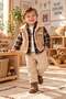 Boys' 3-Piece Outfit – Beige Vest, Plaid Shirt, and Cream Pants.