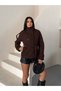Arven high neck, belted, short, linered kaşe coat, black, brown. - 6