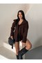 Arven high neck, belted, short, linered kaşe coat, black, brown. - 2