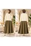 Women's modest detail knit blouse and suede skirt set, khaki.