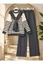 Women's hijab shawl detailed striped knitwear pantsuit gray - 2