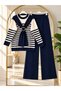 Women's hijab shawl detailed striped knitwear pantsuit navy blue - 2