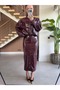 Straight-Collar Shiny Leather Jacket and Maxi Skirt Set - 8