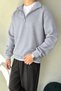 Half Zip Grey Melange Oversize Polo Collar Sweatshirt