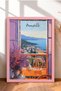 Amalfi Balcony View and Purple Flowers Framed Painting, Italy Poster, Wall Decor, Itp161.