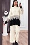 Women's Winter Ecru Elıora Knit Set with Tulle Lace Details P035