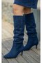 Navy Blue Suede, Ruffled, Thin-Heeled, Knee-High Boot.