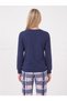 Women's Thermal Pajama Set, Navy Blue, with a Plaid Pattern. - 3