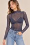 Women's Navy Blue Turtleneck Long Sleeve Tulle Blouse
