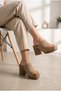 Women's Suede-Look Studded Wooden Platform Heel Sandals.