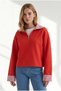 Women's Red Polo Collar Crop Sweatshirt with Striped Detailing Swt-19000825