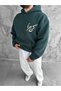 Petrol Green Hooded Oversized Premium Sweatshirt with Horse and Carpet Embroidery. - 4