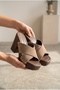 Women's Suede Cross-Strap Studded Wooden Platform Heel Sandals. - 3