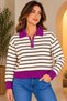 Women's Polo Neck Half-Zip Striped Knit Sweater, Long Sleeve.