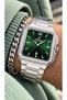 Square Model Classic Men's Watch with Calendar, Silver Steel Strap, Green Dial, in a Stylish Box + Chain Bracelet.