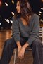 Women's V-Neck Long Sleeve Relaxed Fit Casual Knit Anthracite Sweater - 4