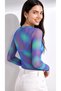 Women's Purple Neon Color Patterned Elastic Tulle Fabric Long Sleeve Crew Neck Snap-Button Bodysuit Blouse. - 8