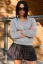 Women's V-Neck Long Sleeve Soft Textured Knit Grey Sweater - 5
