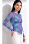 Women's Purple Neon Color Patterned Elastic Tulle Fabric Long Sleeve Crew Neck Snap-Button Bodysuit Blouse.