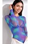 Women's Purple Neon Green Patterned Tulle Crew Neck Long Sleeve Snap Button Bodysuit Blouse - 5
