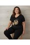 Women's Black V-Neck Plus-Size Cotton T-Shirt with Trendy Print - 4