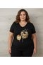 Women's Black V-Neck Plus-Size Cotton T-Shirt with Trendy Print