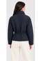 Women's Navy Blue Quilted Jacket with Stand-Up Collar, Drawstring Waist, Snap Buttons, and Zipper. - 2