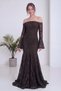 Women's Drop-Shoulder Lace-Sleeve Fishtail Corset-Style Long Evening Gown—Navy, Burgundy, Brown
