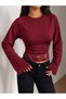 Burgundy Spanish Long-Sleeved Round-Neck Crop Top with Lace Detailing. - 3