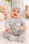 Boys' 3-Piece Top and Bottom Set: Cream-Beige Teddy Bear Print Bodysuit, Top, Bottom, and Hat Set - 2