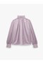 Ruffled Long-Sleeved Satin Blouse with a Stand-Up Collar.