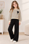 Girl's Cotton Black Striped Embroidery Patterned Long Sleeve Wide Leg Sweatpants Set