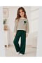 Girl's Cotton Green Striped Embroidery Patterned Long Sleeve Wide Leg Sweatpants Set