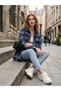 Women's Navy Blue Plaid Patterned Oversized Lumberjack Shirt Jacket - 2