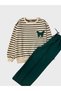 Girl's Cotton Green Striped Butterfly Embroidery Patterned Long Sleeve Wide Leg Tracksuit Set - 2