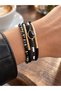 Multi-Row Black Stone and Beaded Women's Bracelet with Gold-Colored Metal Accessories, Magnetic Closure, Gift Bracelet.