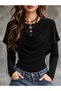 Black Blouse with Cape Detail and Open Collar, Long Sleeves. - 4