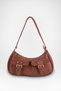 Women's Roma Taba Suede Baguette Handbag and Shoulder Bag with Two Flaps, Pockets, Buckle, and Zipper Closure.