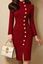 Women's Half Turtleneck Long Sleeve Button Detail Midi Length Crepe Fabric Dress - 5