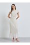 Beige Solid Boat Neck Sheath Ankle Length Dress - 3