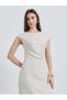 Beige Solid Boat Neck Sheath Ankle Length Dress - 2