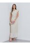 Beige Solid Boat Neck Sheath Ankle Length Dress