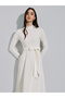 Off White Textured Knit Maxi Dress with Tie-Belt - 2